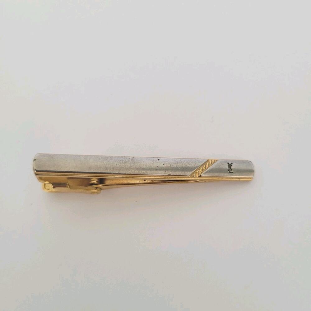 YSL Yves Saint Laurent Tie Bar Clip Clasp Gold Silver Tone 2in Logo‎ Vintage